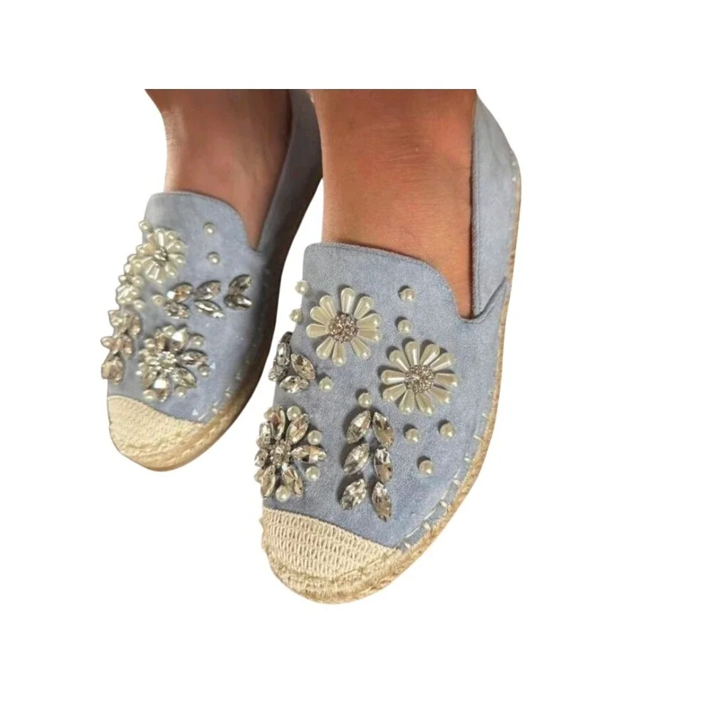 Women Blue Espadrille Flats Embellished Pearls Rhinestones Slip On‎ Shoes